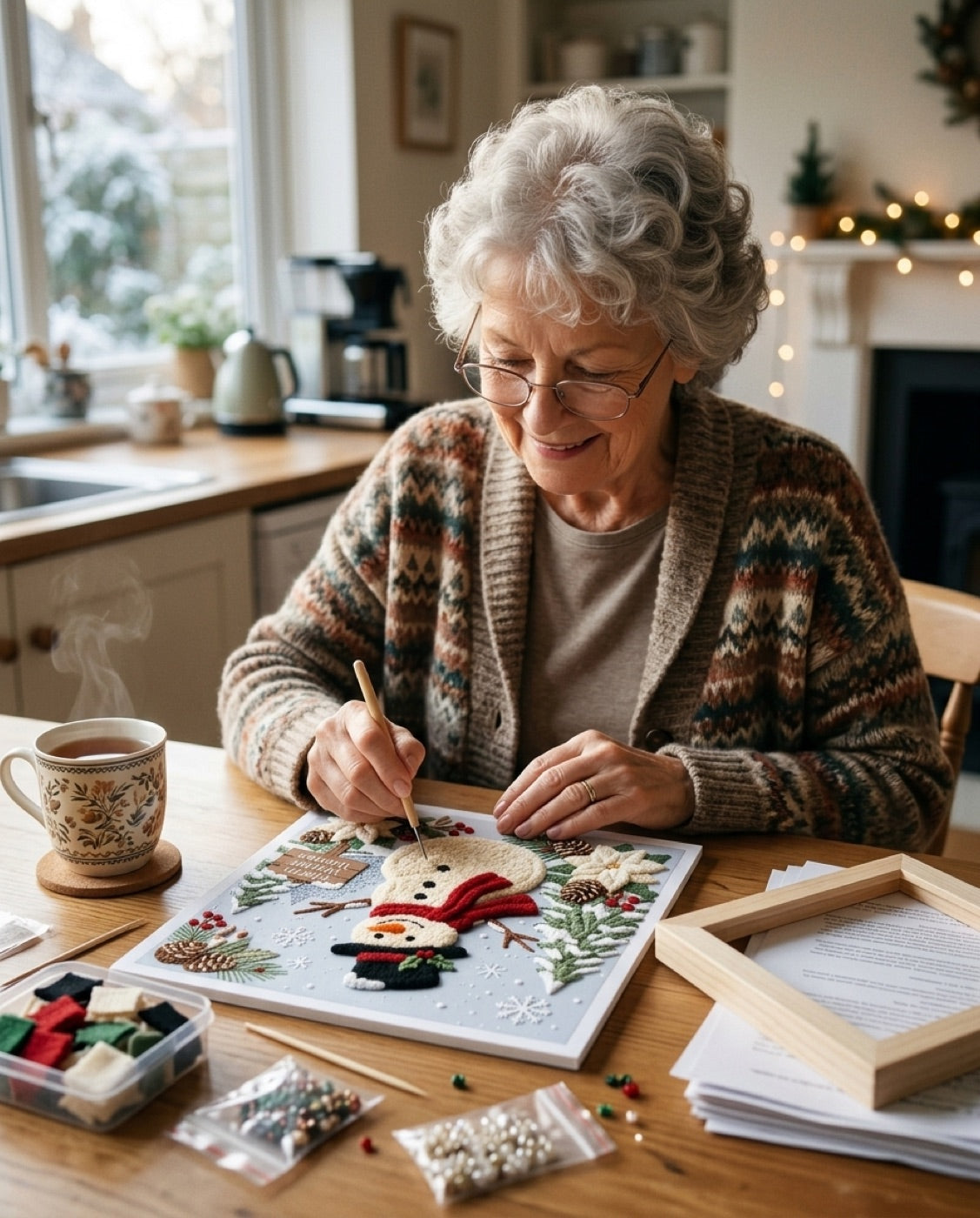 Retired woman happily working on her Yulora snowman poke art at a sunny kitchen table