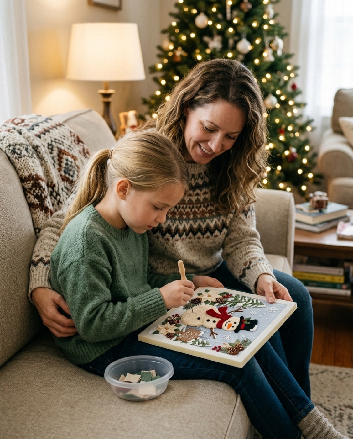 Mom and daughter making the Yulora snowman poke art together on the couch